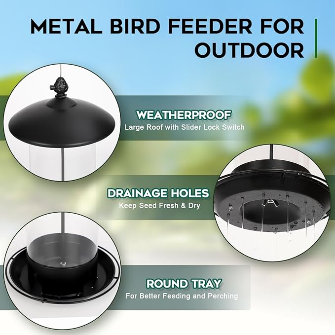 Gbekery Metal Bird Feeders for Outdoors Hanging, Weather Resistant Wild Bird Feeder with 360 Degree Feeding Tray, Black