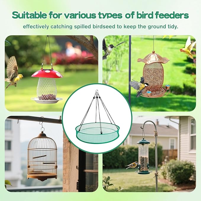 3PCS Bird Seed Catcher Tray 24 Inch Bird Seed Catcher Hanging Hoop Platform for Bird Feeders Includes S-Hooks, Adjustable Ropes & Portable Storage Pouch