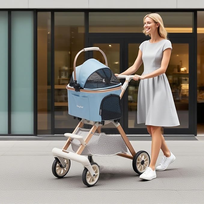 SUNNYFEEL Pet Stroller for Small Dogs and Cats, Aluminum Two-in-one Split, One-Click Foldable Dog Stroller with Detachable Carrier, Holds up to 40 lbs, Side Bag, Breathable Mesh, Blue