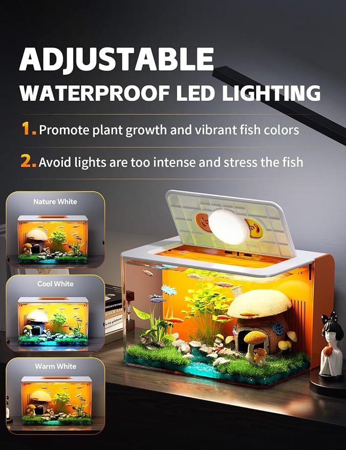 2.5 Gallon Fish Tank Small Aquarium Kit for Betta, Shrimp, Guppy, Acrylic | Hidden Filtration, Self-cleaning, Ultra-quiet, 3 Color Light, 10 Brightness, Adjustable Water Flow, Round Corner