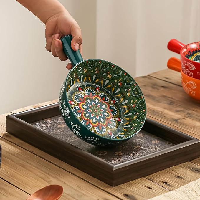 Ceramic Soup Bowl with Handle – 23oz, 8.6Inches Bowl Handmade Large Wide Shallow Serving Bowl Colorful Floral Microwave & Dishwasher Safe Pasta/Salad Dish 1 PC Bohemian Style Navy Blue