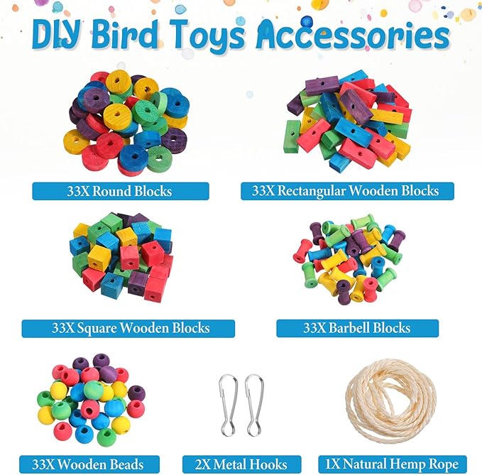 Bird Toys for Parrot, 165 Pcs Colorful DIY Wooden Blocks Craft, Cage Chewing Playing Training Toy for Cockatoos, Macaws, African Grey and Small Medium Parrots