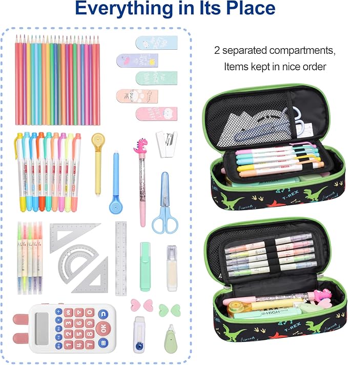 Bagseri 2pcs Clear Backpack for Boys - 15 Inch School Bag with Matching Pencil Case, Heavy Duty Transparent Bookbag for Kindergarten to Grade 2, Fits Folders, Black Dinosaur