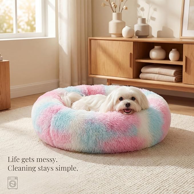 Calming Donut Dogs Beds for Small Dogs Washable,23inch Plush Round Pet Bed for Cozy Sleep,Fluffy Faux Fur Large Cat Bed,Fits up to 25 lbs Pets,Multi Colored
