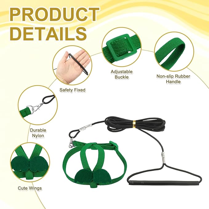 Bird Harness Leash, Adjustable Pet Parrot Bird Harness and Leash Lightweight Anti-Bite Flight Training Rope with Cute Wing, (Green, M), Intended for Parrots/Pigeons/Budgies