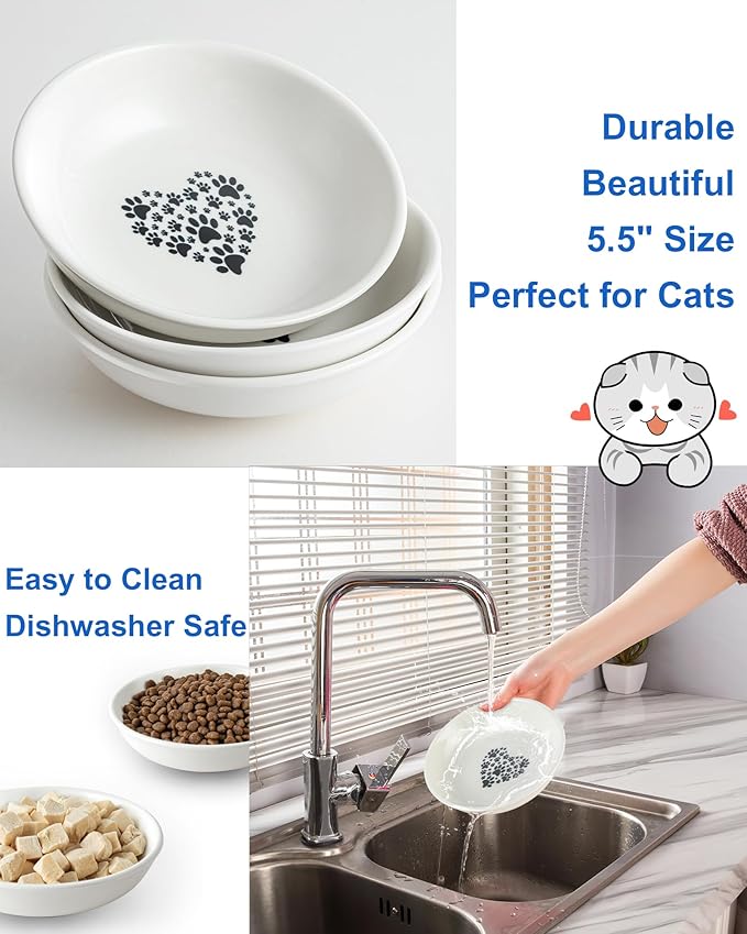 6PCS Whisker Fatigue Ceramic Cat Dishes - 5.5" Shallow Cat Food Bowl, Cute Kitten Plates for Wet Food, Whisker-Friendly, Non-Slip, Wide, White, Heart & Claw Pattern