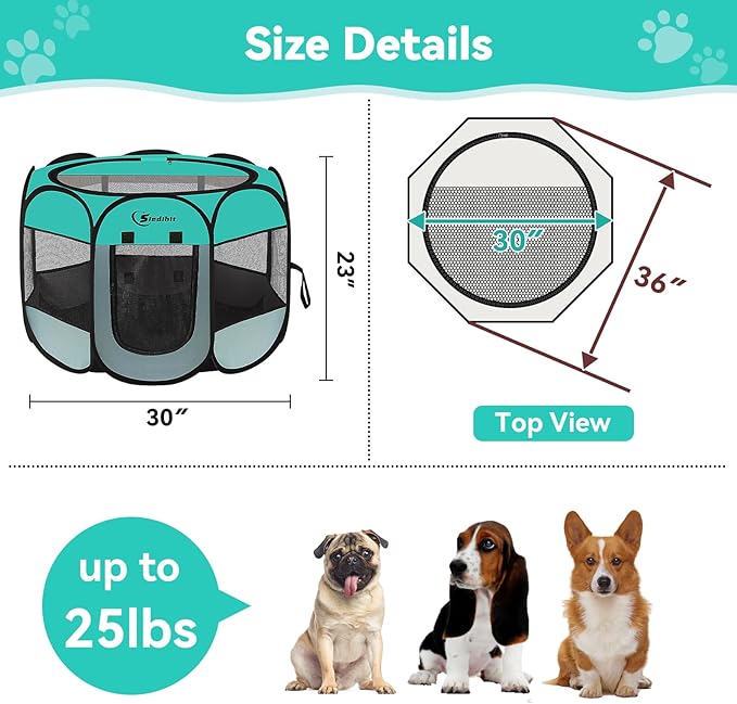 Pink Puppy Playpen for Middle Dog Cat, Dogs Tent Crate Cage Indoor/Outdoor, Portable Pop Up Dog Kennel with Carrying Bag for Rabbits, Removable Top (Green, Medium)