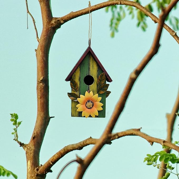 2 Pack Wood Bird House for Outside, Hanging Decorative Bird House Outdoor Garden Patio Yard Rustic Hand-Painted Bluebird Birdhouse Nesting Box for Finch Wren Sparrow Chickadee