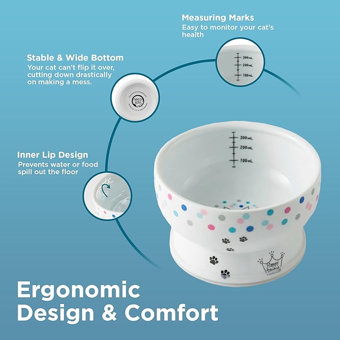 Necoichi Elevated Cat Water Bowl – Ceramic Raised Cat Bowl, Prevents Neck & Whisker Fatigue – Dishwasher & Microwave Safe – Pet Water Bowl for Cats (Colorful Dots, Regular)