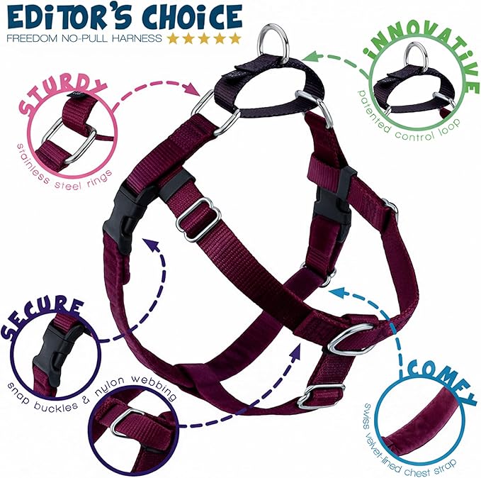2 Hounds Design Freedom No Pull Dog Harness, Adjustable Harness, Easy Walking & Comfortable Control, Fits Small, Medium & Large Dogs, Solid Colors, Made in USA, 1" MD, Burgundy