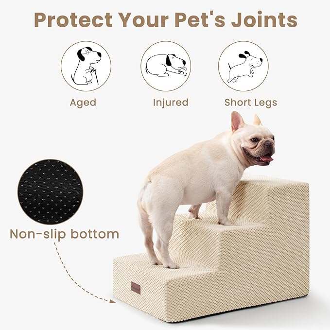 Aodisman Dog Stairs for Small Dogs & Cats, 3-Step Extra Wide Non-Slip Pet Steps for Couch Sofa and Chair, Beige, 15.7" H