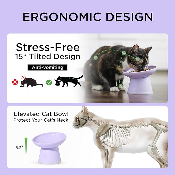 Necoichi 2pcs Tilted Elevated Cat Food Bowls BPA-Free Plastic 15° Tilted Raised Cat Bowl for Whisker & Neck Fatigue, Dishwasher Safe Non-Slip & Anti-Vomiting Ergonomic Design (Lilac Ice)