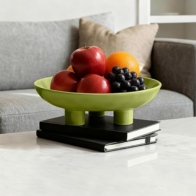 Three-Leg Ceramic Fruit Bowl, 10 Inch Oval Serving Dish for Kitchen Counter, Candy or Key Holder, Home Decor Accent Beige Green