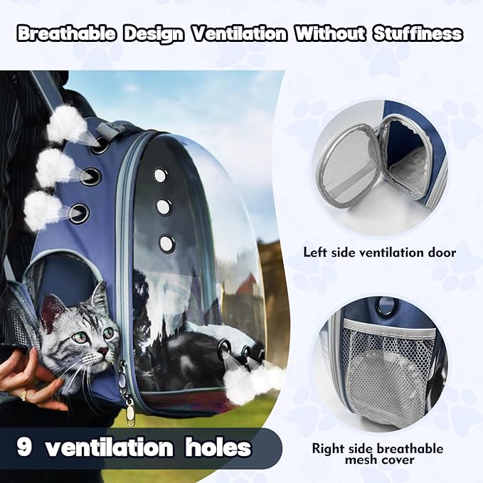 Cat Bubble Backpack, Transparent Cat Backpack for Kitten Small Dog Pet, Space Capsule Cat Backpack Carrier for Hiking Camping Travel Outdoor Use (Navy Blue)