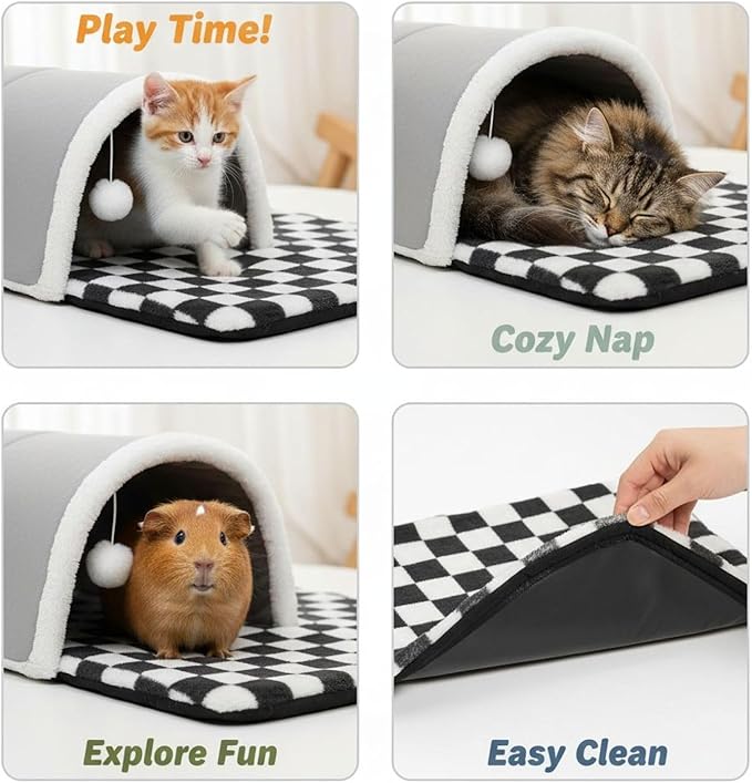 Large Guinea Pig Hideout Tunnel with Removable Warm Bed, 3-Cave Small Animal Hideaway Play Tunnel, Cozy Cage Accessories for Hamsters, Chinchillas, Rats