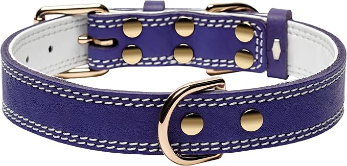 Genuine Leather Dog Collar, Heavy Duty Wide Dog Collar for Small, Medium, Large and Extra Large Dog (S: 0.8" Wide for 13.4"-15.8" Neck, Dual Stitch - Purple)