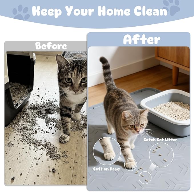 JUJOMAT Cat Litter Box Mat, 34"×22" Large Silicone Cat Litter Trapping Mat Non-Slip Gray Kitty Litter Mat for Indoor Cats, Waterproof Pet Food Mats Easy to Clean & Soft on Kitty Paws