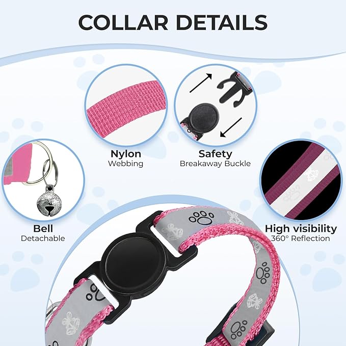 Cat Collar Breakaway, Reflective Kitten Collar with Bell, Safety Buckle Kitten Collar, Lightweight, Adjustable, Comfortable, Suitable for Boy Girl Cats (7"-13") Hotpink