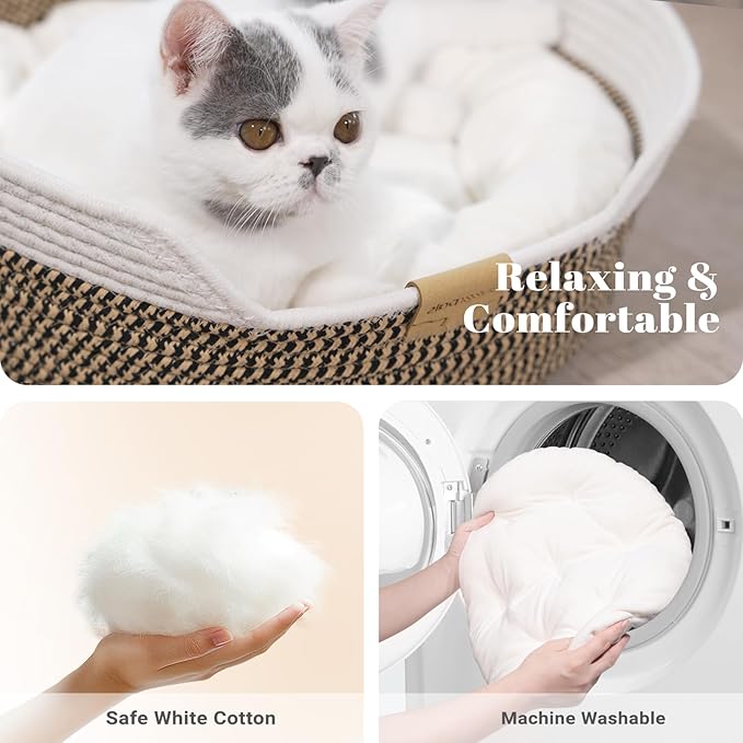CHEERHOME PETS Cat Bed Basket with Cushion, Cotton Rope Woven Pet Bed for Indoor Cats Couch, Stimulicat Cat Bed Handwoven Breathable, All Season Universal (Brown)