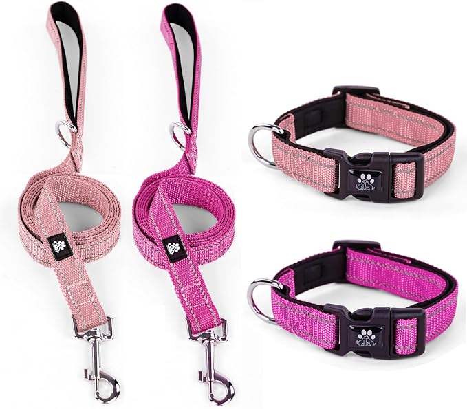 IVY&LANE 2 Pack Reflective Dog Collars and Leashs Set,Adjustable Neoprene Padded Dog Collar for Puppy, Breathable Nylon Pet Collar for Small Medium Large Dogs(Small,Pink+Fuchsia)