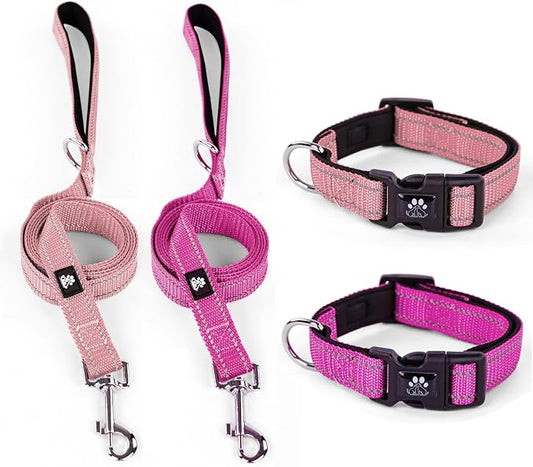 IVY&LANE 2 Pack Reflective Dog Collars and Leashs Set,Adjustable Neoprene Padded Dog Collar for Puppy, Breathable Nylon Pet Collar for Small Medium Large Dogs(Small,Pink+Fuchsia)