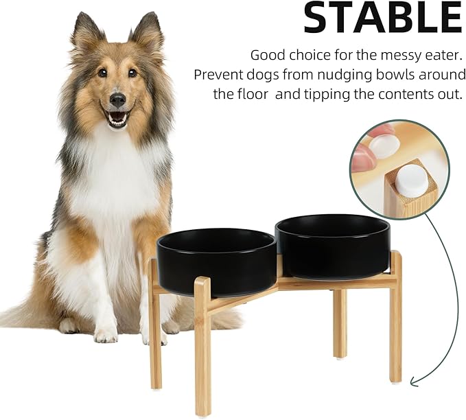 Havniva Ceramic Raised Double Bowls Set with Stand, Food & Water Bowls for Large Breed Dogs, Weighted Dog Dishes, Pet Bowl(8.2'',60OZ, Black)