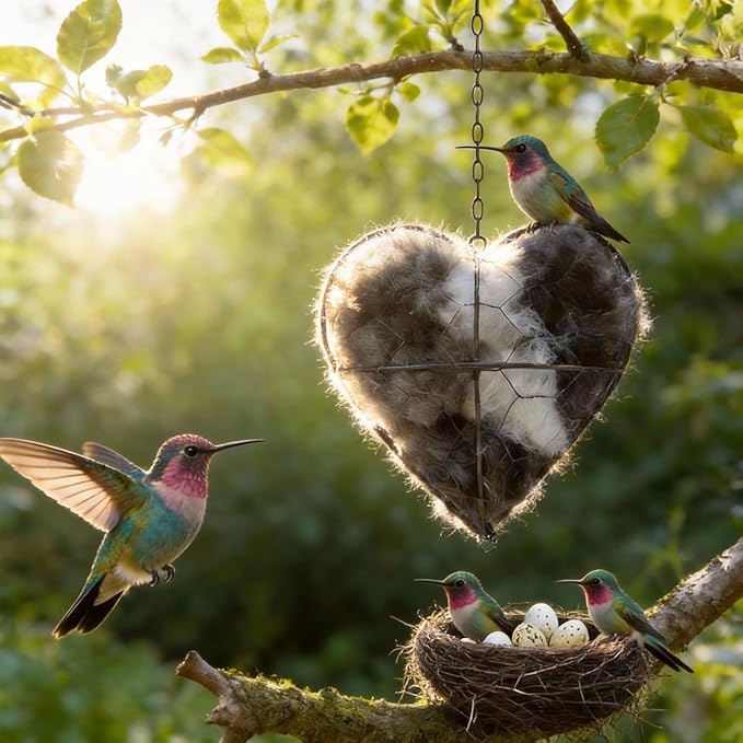 Handmade Fiber Bird Nesting Heart with Filler Pack, Winter Shelter & Decorative Garden Gift for Hummingbirds and Wild Birds