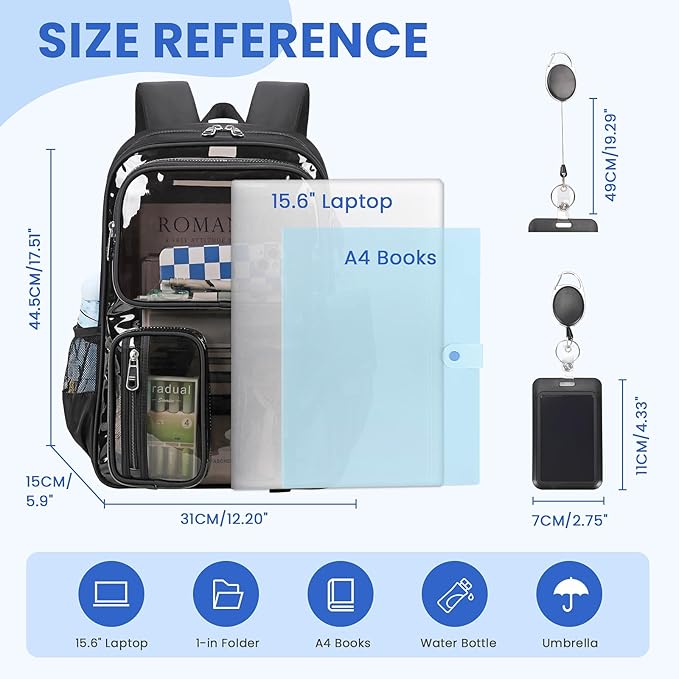 MUSEVOS Clear Backpack for School, Heavy Duty Clear Bookbag for Girls Boys Transparent Backpack with Badge Holder, Semi-Black