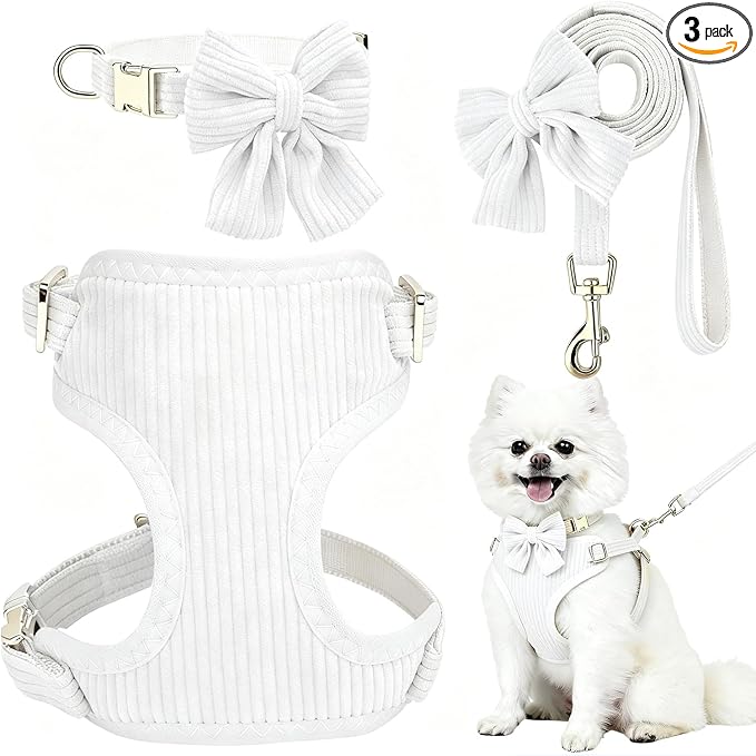 Small Dog Collar Harness and Leash Set with Bowtie, Adjustable Dog Harness Collar and Leash Set with Secure Metal Buckle, Breathable Cotton Adjustable Pet Puppy Harness, Easy Walk Harness, S(14–18.9")