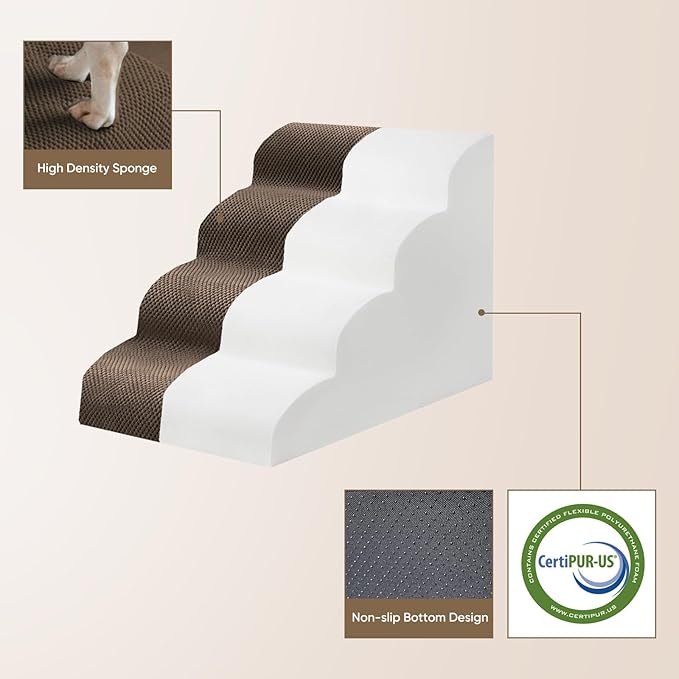 PAWSCRAT Pet Stairs for Dogs 5-Step, 22.8" H Pet Stairs for High Bed, Couch Sofa & Chair, 30D Material Soft Foam Dog Steps with Non-Slip Bottom Surface Removable Washable Cover, Brown