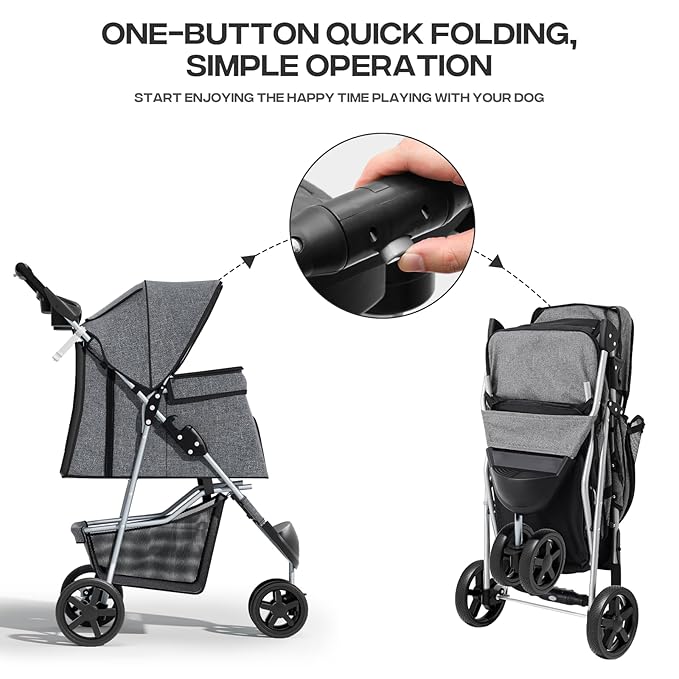 Pet Stroller for Small Dogs 10 lbs, Dog Stroller for Medium Dogs 30 lbs, Cat Strollers for 2 Cats, 3 Wheels Foldable Jogger Puppy Stroller with Storage Basket and Cup Holder, Grey