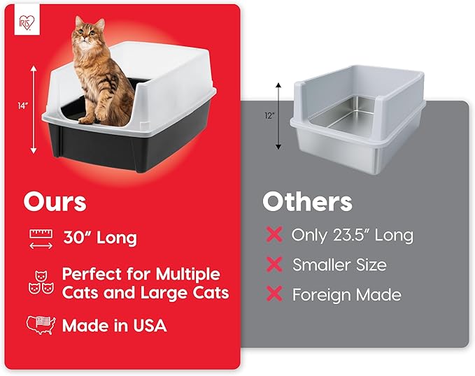 IRIS USA Cat Litter Box XX-Large Open Top with High Sided Walls Tall Scatter Shield Scoop Included Easy Clean Plastic Pan for Big Cats Kittens Multi-Cat Households 30"L x 20"W x 14"H Black