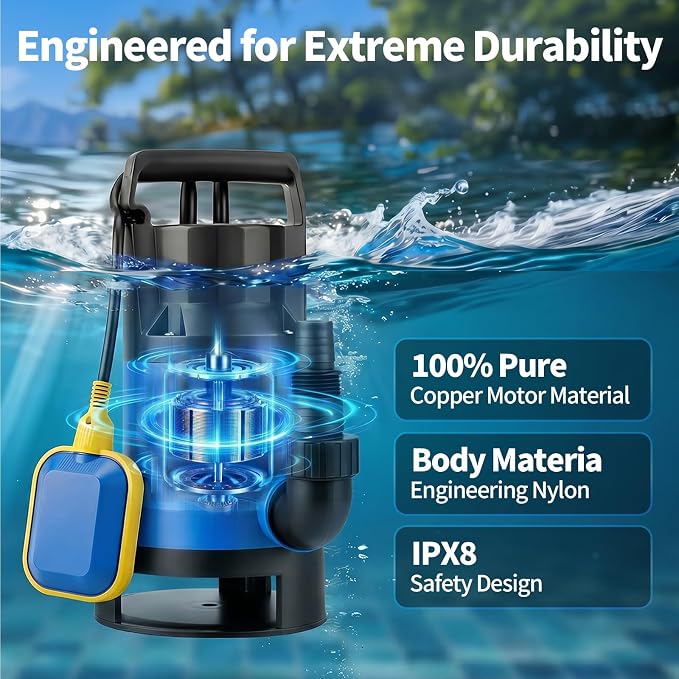 1.1HP Submersible Sump Pump, 4600 GPH Electric Water Pump with Automatic Float Switch, Portable Utility Pump for Pool Draining, Basement, Outdoor Ponds, 16 FT Cord