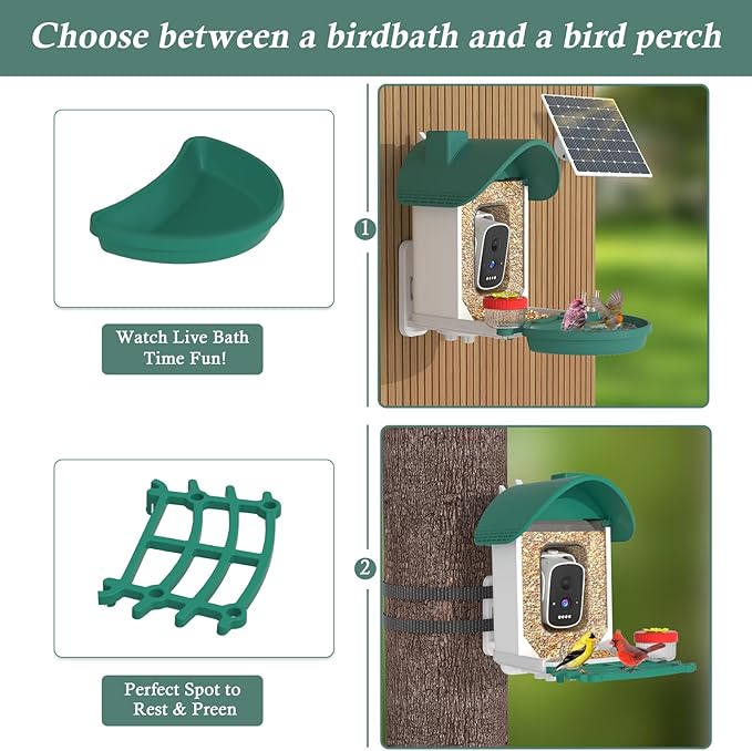 Bird Feeder with Camera, 3K Smart Bird Camera with AI Identification & Bird Bath, Solar Powered Wireless Outdoor Bird House with Spill-Proof Net, Ideal Backyard Bird Watching Gift to Bird Lovers