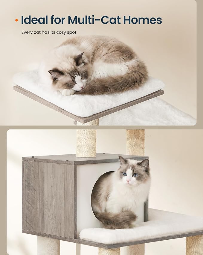 SONGMICS HOME Cat Tree Tower, Multi-Level Cat Condo with Hammock and Sisal Scratching Posts, Furniture for Indoor Large Cats, Greige