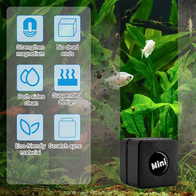 MiOYOOW Magnetic Aquarium Glass Cleaner, Mini Tank Algae Scraper, Non-Floatable, Inner and Outer Synchronized Cleaning for Small Square Fish Tanks