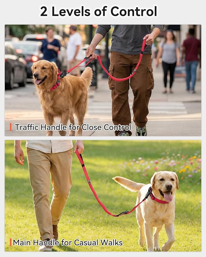 Joytale Tactical Dog Leash Heavy Duty, 4-6FT Shock Absorbing Bungee Lead with 2 Padded Handle, Metal Carabiner Clip, Car Seatbelt, Strong No Pull Leash for Medium Large X-Large Dogs, Red
