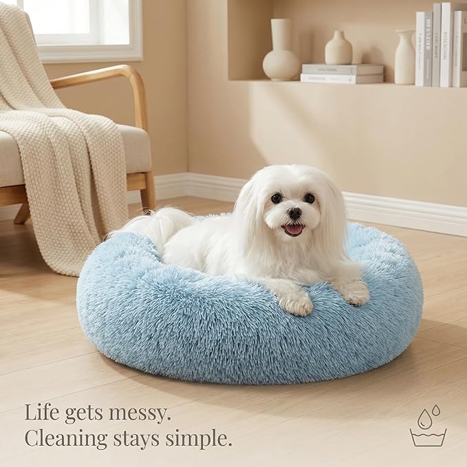 Calming Donut Dogs Beds for Small Dogs Washable,23inch Plush Round Pet Bed for Cozy Sleep,Fluffy Faux Fur Large Cat Bed,Fits up to 25 lbs Pets,Washed Blue