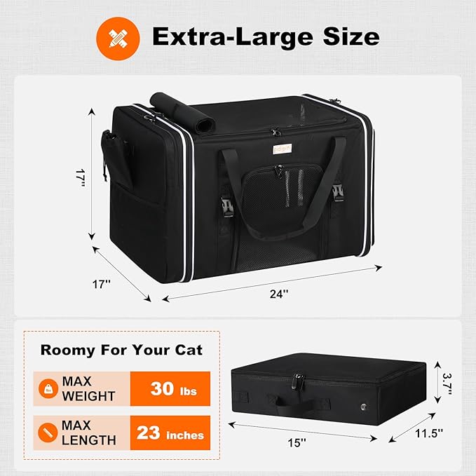 pidipiti 24 x 17 x17 Extra Large cat Carrier up to 30 lbs,for pet car Travel and Long Road Trip,with Curtains and Leakproof Portable Litter Box