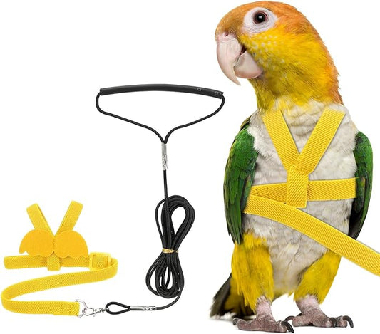 Bird Harness Leash, Adjustable Pet Parrot Bird Harness and Leash Lightweight Anti-Bite Flight Training Rope with Cute Wing, (Yellow, M), Intended for Parrots/Pigeons/Budgies
