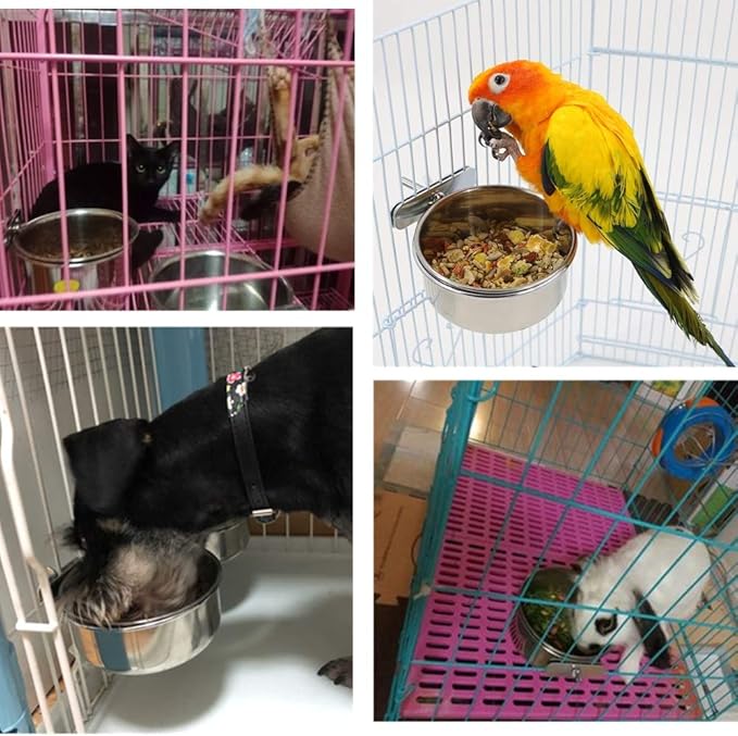 2 Packs, Pet Food Water Bowl with Clamp Holder Stainless Steel Coop Cup Hanging Feeder for Dog Bird Parrot Cat Rabbit, L&XL