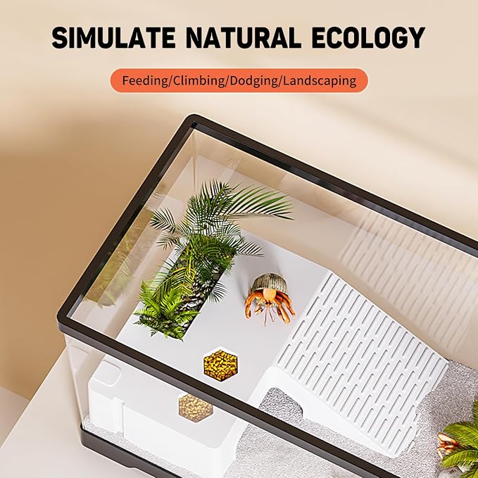 Turtle Fish Tank with Basking Platform and Bottom Drainage, 15.8" x 8" x 8.8" Aquatic Turtle Tank for Juvenile Turtle, Crayfish, Crabs, Amphibians, Reptiles, PC Material, Black Color