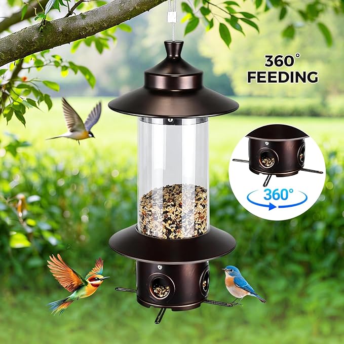 Squirrel Proof Bird Feeders for Outdoor: 4.8LB Large Capacity Hanging Bird Feeder, Weight-Activated Mechanism Wild Bird Feeders, Chew-Proof Metal Birdfeeder for Finch Cardinal Chickadee