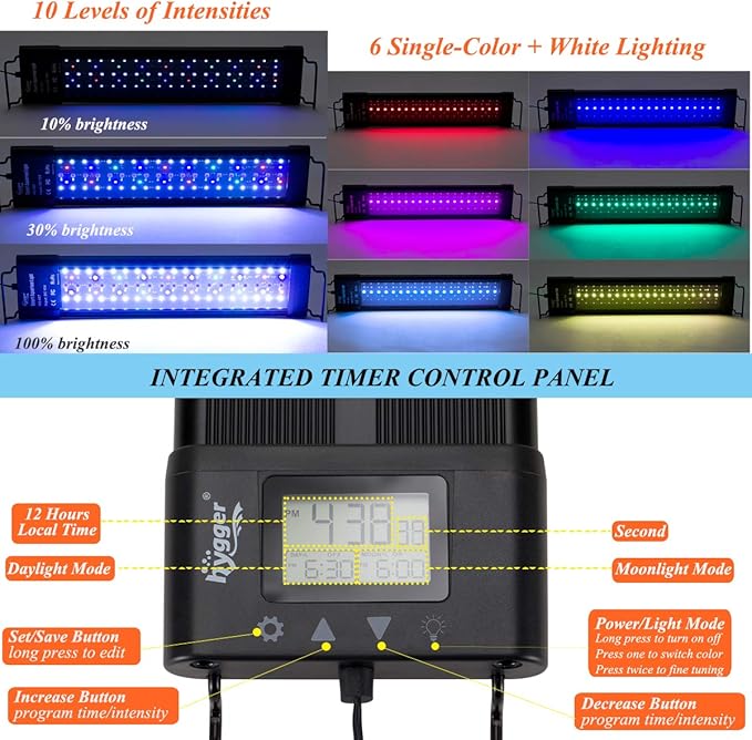hygger Auto On Off LED Aquarium Light Dimmable 7 Colors Full Spectrum Fish Tank Light Fixture for Freshwater Planted Tank Build in Timer for 36-42 Inch Long Aquariums