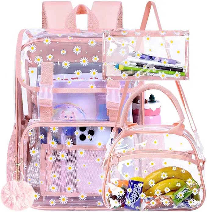 17" Daisy Clear Backpack for Girls - 3Pcs Flip Design Stadium Approved Set, Gym/Concert Transparent Bookbag (Pink)