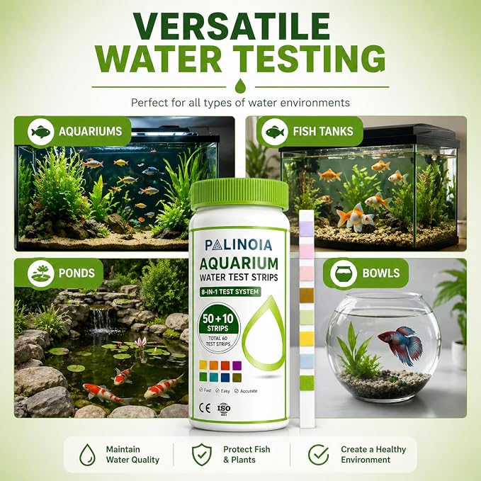 8-in-1 Fish Tank Test Strips (60 Count) – Aquarium Water Testing Kit for Freshwater & Saltwater – Tests pH, Ammonia, Nitrate, Nitrite, Hardness, Alkalinity, Chlorine & Salinity
