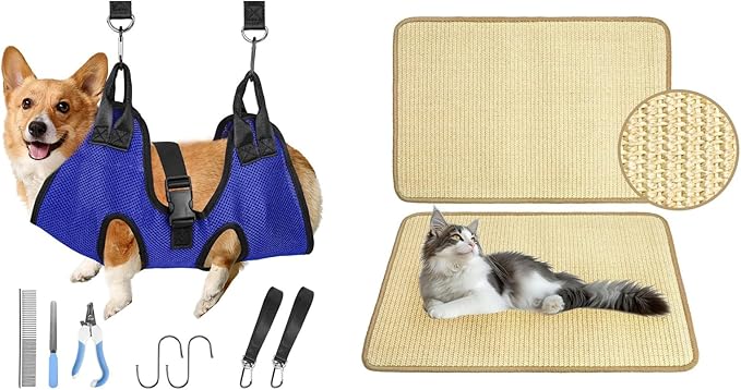 PatiencET Bundle of Pet Grooming Hammock for Cats & Dogs and Cat Scratching Mat, Natural Sisal Cat Scratcher Mat