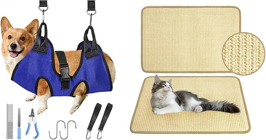 PatiencET Bundle of Pet Grooming Hammock for Cats & Dogs and Cat Scratching Mat, Natural Sisal Cat Scratcher Mat