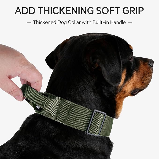 Tactical Thick Dog Collar, Adjustable Training Nylon Dog Collar, Heavy Duty Metal Buckle & Control Handle for Small Medium Large Dogs (L, Green)