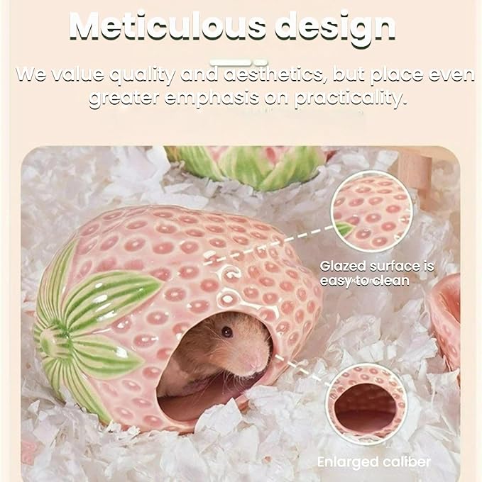 Strawberry Ceramic Hamster Hideout, Summer Cool Cave for Small Pets, Chew Resistant & Easy Clean Hamster House, Decorative Hideaway for Syrian Dwarf Hamsters, Mice (Big Strawberry - Pink)